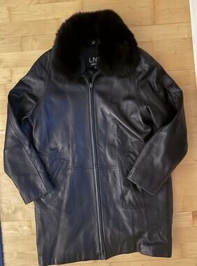LNR Nordstrom Genuine Leather Coat Jacket Black Removable Fox Fur Collar M